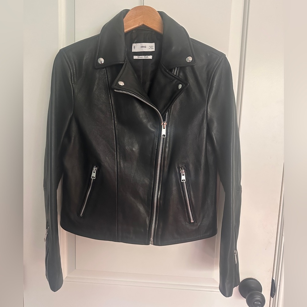 Mango Black Biker Genuine Leather Jacket - Size M